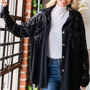 Sequin Shacket- Black